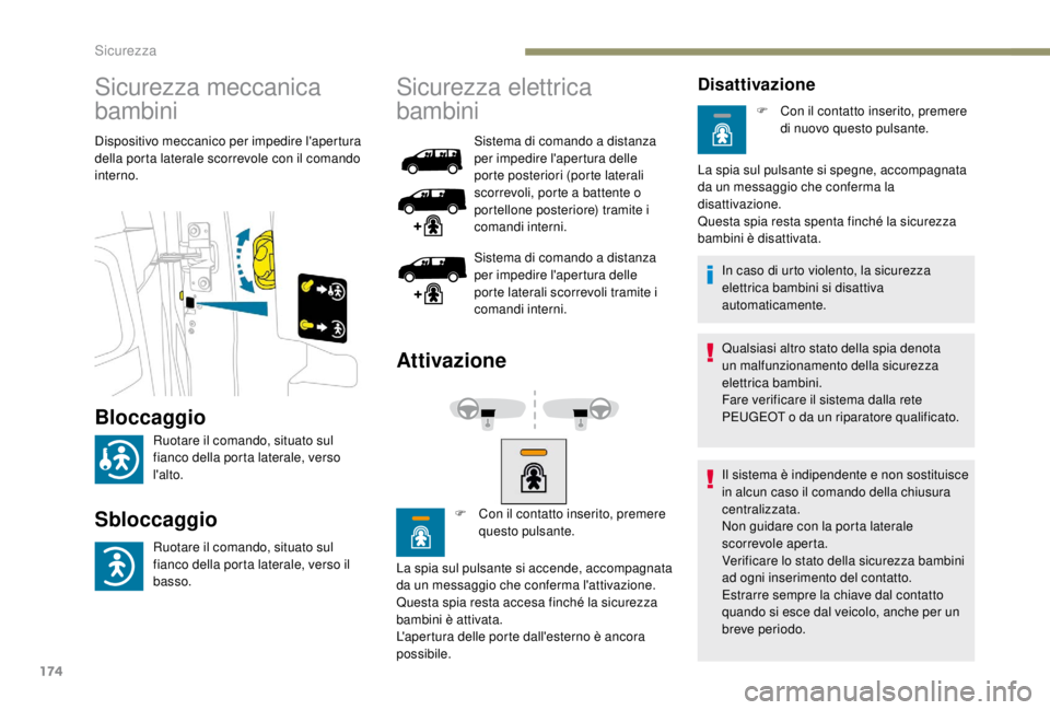 PEUGEOT EXPERT 2018 Manuale duso (in Italian) 174
Sicurezza meccanica
bambini
Dispositivo meccanico per impedire l'apertura
della porta laterale scorrevole con il comando
interno.
Sicurezza elettrica
bambini
Sistema di comando a distanza PEUGEOT EXPERT 2018 Manuale duso (in Italian) 174
Sicurezza meccanica
bambini
Dispositivo meccanico per impedire l'apertura
della porta laterale scorrevole con il comando
interno.
Sicurezza elettrica
bambini
Sistema di comando a distanza