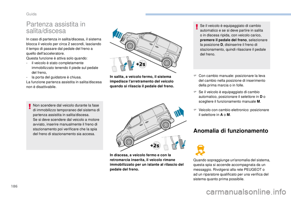 PEUGEOT EXPERT 2018 Manuale duso (in Italian) 186
Partenza assistita in
salita/discesa
In caso di partenza in salita/discesa, il sistema
blocca il veicolo per circa 2 secondi, lasciando
il tempo di passare dal pedale del freno a
quello dell& PEUGEOT EXPERT 2018 Manuale duso (in Italian) 186
Partenza assistita in
salita/discesa
In caso di partenza in salita/discesa, il sistema
blocca il veicolo per circa 2 secondi, lasciando
il tempo di passare dal pedale del freno a
quello dell&