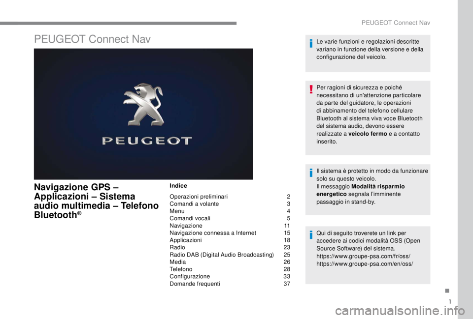 PEUGEOT EXPERT 2018 Manuale duso (in Italian) 1
PEUGEOT Connect Nav
Navigazione GPS –
Applicazioni – Sistema
audio multimedia – Telefono
Bluetooth
®
Indice
Operazioni preliminari
2
C
omandi a volante
3
M
enu
4
C
omandi vocali PEUGEOT EXPERT 2018 Manuale duso (in Italian) 1
PEUGEOT Connect Nav
Navigazione GPS –
Applicazioni – Sistema
audio multimedia – Telefono
Bluetooth
®
Indice
Operazioni preliminari
2
C
omandi a volante
3
M
enu
4
C
omandi vocali