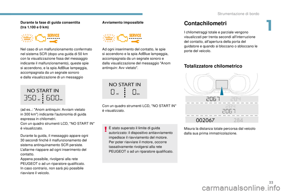 PEUGEOT EXPERT 2018 Manuale duso (in Italian) 33
Durante la fase di guida consentita
(tra 1.100 e 0 km)
Nel caso di un malfunzionamento confermato
nel sistema SCR (dopo una guida di 50
km
con la visualizzazione fissa del messaggio
indic PEUGEOT EXPERT 2018 Manuale duso (in Italian) 33
Durante la fase di guida consentita
(tra 1.100 e 0 km)
Nel caso di un malfunzionamento confermato
nel sistema SCR (dopo una guida di 50
km
con la visualizzazione fissa del messaggio
indic