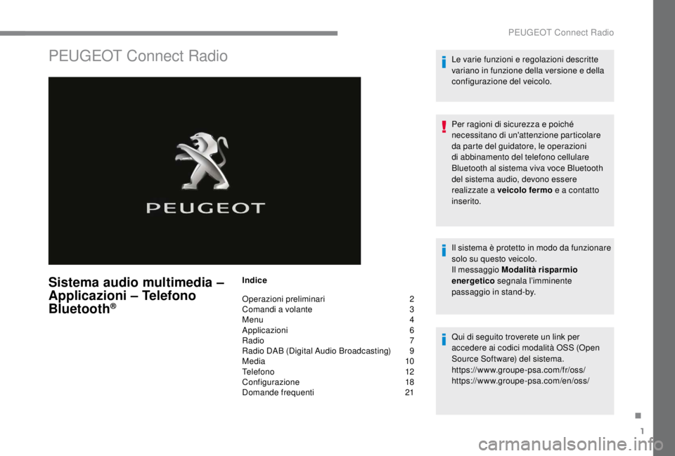 PEUGEOT EXPERT 2018 Manuale duso (in Italian) 1
PEUGEOT Connect Radio
Sistema audio multimedia –
Applicazioni – Telefono
Bluetooth
®
Indice
Operazioni preliminari
2
C
omandi a volante
3
M
enu
4
A
pplicazioni
6
R
adio
7
PEUGEOT EXPERT 2018 Manuale duso (in Italian) 1
PEUGEOT Connect Radio
Sistema audio multimedia –
Applicazioni – Telefono
Bluetooth
®
Indice
Operazioni preliminari
2
C
omandi a volante
3
M
enu
4
A
pplicazioni
6
R
adio
7