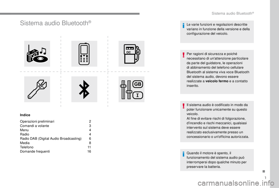 PEUGEOT EXPERT 2018  Manuale duso (in Italian) 1
Sistema audio Bluetooth®
Indice
Operazioni preliminari  
2
C

omandi a volante   
3
M

enu   
4
R

adio   
4
R

adio DAB (Digital Audio Broadcasting)   
6
M

edia   
8
T

elefono   
1
 1
Domande fr