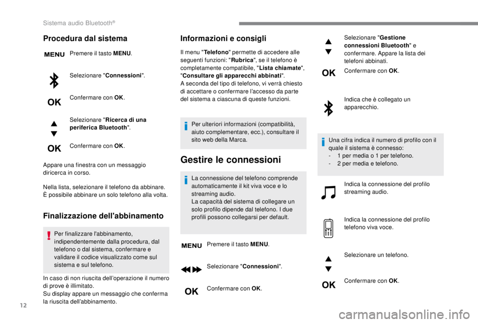 PEUGEOT EXPERT 2018  Manuale duso (in Italian) 12
Procedura dal sistema
Premere il tasto MENU.
Selezionare " Connessioni".
Confermare con OK.
Selezionare " Ricerca di una 
periferica Bluetooth ".
Confermare con OK.
Appare una fines