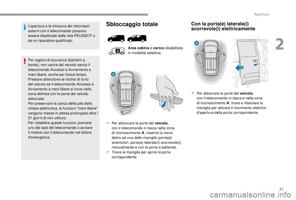 PEUGEOT EXPERT 2018 Manuale duso (in Italian) 51
L'apertura e la chiusura dei retrovisori
esterni con il telecomando possono
essere disattivate dalla rete PEUGEOT o
da un riparatore qualificato.
Per ragioni di sicurezza (bambini a
bordo), PEUGEOT EXPERT 2018 Manuale duso (in Italian) 51
L'apertura e la chiusura dei retrovisori
esterni con il telecomando possono
essere disattivate dalla rete PEUGEOT o
da un riparatore qualificato.
Per ragioni di sicurezza (bambini a
bordo),