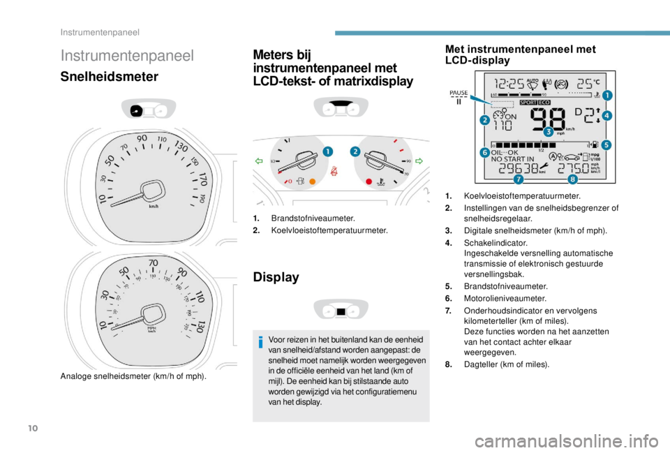 PEUGEOT EXPERT 2018 Instructieboekje (in Dutch) 10
Instrumentenpaneel
Snelheidsmeter
Analoge snelheidsmeter (km/h of mph).
Meters bij
instrumentenpaneel met
LCD-tekst- of matrixdisplay
1.Brandstofniveaumeter.
2. Koelvloeistoftemperatuurmeter.
Dis PEUGEOT EXPERT 2018 Instructieboekje (in Dutch) 10
Instrumentenpaneel
Snelheidsmeter
Analoge snelheidsmeter (km/h of mph).
Meters bij
instrumentenpaneel met
LCD-tekst- of matrixdisplay
1.Brandstofniveaumeter.
2. Koelvloeistoftemperatuurmeter.
Dis