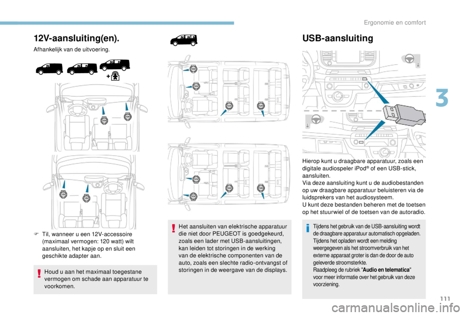 PEUGEOT EXPERT 2018 Instructieboekje (in Dutch) 111
12V-aansluiting(en).
Afhankelijk van de uitvoering.
F
T
il, wanneer u een 12V-accessoire
(maximaal vermogen: 120
watt) wilt
aansluiten, het kapje op en sluit een
geschikte adapter aan.
Houd PEUGEOT EXPERT 2018 Instructieboekje (in Dutch) 111
12V-aansluiting(en).
Afhankelijk van de uitvoering.
F
T
il, wanneer u een 12V-accessoire
(maximaal vermogen: 120
watt) wilt
aansluiten, het kapje op en sluit een
geschikte adapter aan.
Houd