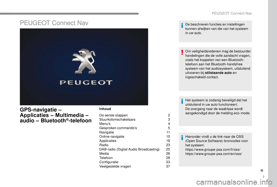 PEUGEOT EXPERT 2018 Instructieboekje (in Dutch) 1
PEUGEOT Connect Nav
GPS-navigatie –
Applicaties – Multimedia –
audio – Bluetooth
®-telefoon
Inhoud
De eerste stappen
2
St
uurkolomschakelaars
3
M
enu's
4
G
esproken comman PEUGEOT EXPERT 2018 Instructieboekje (in Dutch) 1
PEUGEOT Connect Nav
GPS-navigatie –
Applicaties – Multimedia –
audio – Bluetooth
®-telefoon
Inhoud
De eerste stappen
2
St
uurkolomschakelaars
3
M
enu's
4
G
esproken comman