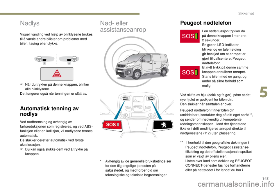 PEUGEOT EXPERT 2018 Instruksjoner for bruk (in Norwegian) 143
Nødlys
Visuell varsling ved hjelp av blinklysene brukes
til å varsle andre bilister om problemer med
bilen, tauing eller ulykke.
F
N
år du trykker på denne knappen, blinker
alle blinklyse PEUGEOT EXPERT 2018 Instruksjoner for bruk (in Norwegian) 143
Nødlys
Visuell varsling ved hjelp av blinklysene brukes
til å varsle andre bilister om problemer med
bilen, tauing eller ulykke.
F
N
år du trykker på denne knappen, blinker
alle blinklyse
