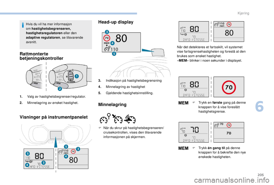 PEUGEOT EXPERT 2018 Instruksjoner for bruk (in Norwegian) 205
Visninger på instrumentpaneletHead-up display
3.
Indikasjon på hastighetsbegrensning
4. Minnelagring av hastighet
5. Gjeldende hastighetsinnstilling.
Minnelagring
Hvis du vil ha mer informasjon PEUGEOT EXPERT 2018 Instruksjoner for bruk (in Norwegian) 205
Visninger på instrumentpaneletHead-up display
3.
Indikasjon på hastighetsbegrensning
4. Minnelagring av hastighet
5. Gjeldende hastighetsinnstilling.
Minnelagring
Hvis du vil ha mer informasjon