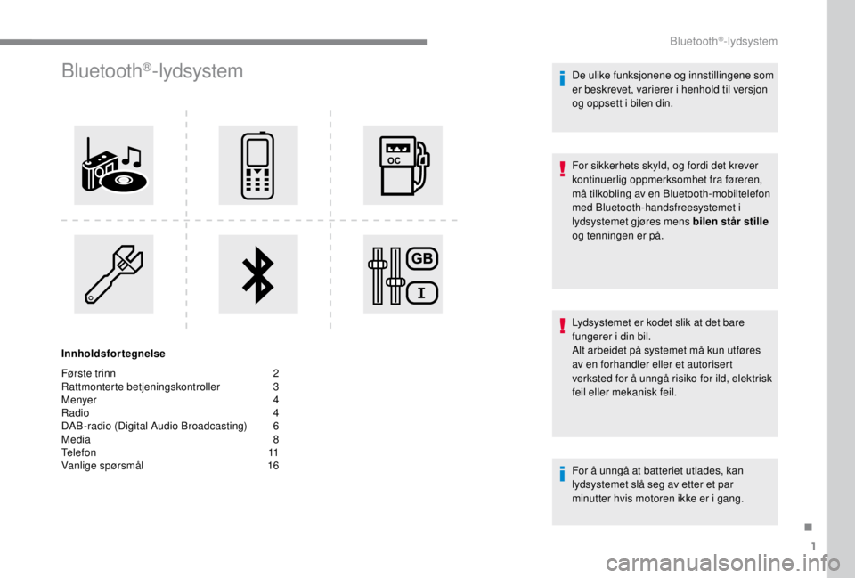 PEUGEOT EXPERT 2018 Instruksjoner for bruk (in Norwegian) 1
Bluetooth®-lydsystem
Innholdsfortegnelse
Første trinn
2
Ra
ttmonterte betjeningskontroller
3
M
enyer
4
R
adio
4
D
AB-radio (Digital Audio Broadcasting)
6
M
edia
8
T
elefon PEUGEOT EXPERT 2018 Instruksjoner for bruk (in Norwegian) 1
Bluetooth®-lydsystem
Innholdsfortegnelse
Første trinn
2
Ra
ttmonterte betjeningskontroller
3
M
enyer
4
R
adio
4
D
AB-radio (Digital Audio Broadcasting)
6
M
edia
8
T
elefon