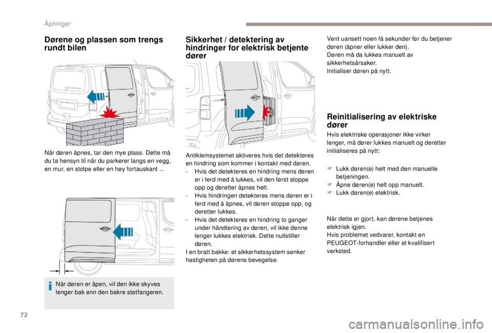 PEUGEOT EXPERT 2018 Instruksjoner for bruk (in Norwegian) 72
Dørene og plassen som trengs
rundt bilen
Når døren åpnes, tar den mye plass. Dette må
du ta hensyn til når du parkerer langs en vegg,
en mur, en stolpe eller en høy fortauskant ...Når dà PEUGEOT EXPERT 2018 Instruksjoner for bruk (in Norwegian) 72
Dørene og plassen som trengs
rundt bilen
Når døren åpnes, tar den mye plass. Dette må
du ta hensyn til når du parkerer langs en vegg,
en mur, en stolpe eller en høy fortauskant ...NÃ¥r dÃ