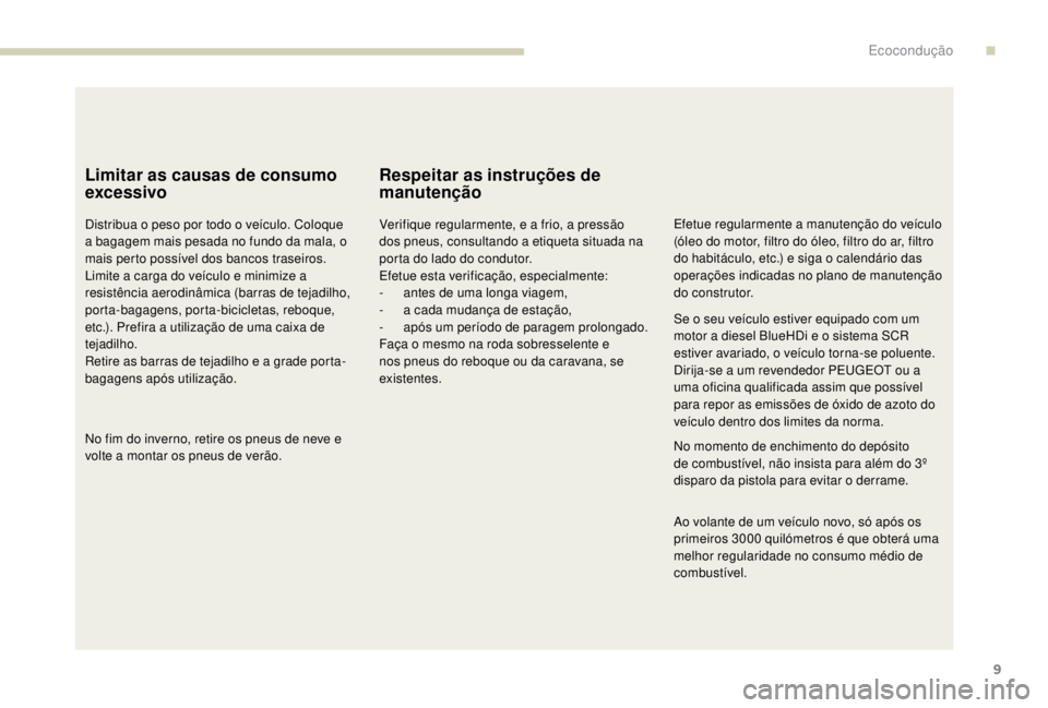 PEUGEOT EXPERT 2018 Manual de utilização (in Portuguese) 9
Limitar as causas de consumo
excessivo
Distribua o peso por todo o veículo. Coloque
a bagagem mais pesada no fundo da mala, o
mais perto possível dos bancos traseiros.
Limite a carga do veícul PEUGEOT EXPERT 2018 Manual de utilização (in Portuguese) 9
Limitar as causas de consumo
excessivo
Distribua o peso por todo o veículo. Coloque
a bagagem mais pesada no fundo da mala, o
mais perto possível dos bancos traseiros.
Limite a carga do veícul