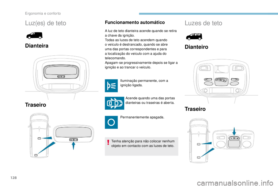 PEUGEOT EXPERT 2018 Manual de utilização (in Portuguese) 128
Funcionamento automático
A luz de teto dianteira acende quando se retira
a chave da ignição.
Todas as luzes de teto acendem quando
o veículo é destrancado, quando se abre
uma das portas co PEUGEOT EXPERT 2018 Manual de utilização (in Portuguese) 128
Funcionamento automático
A luz de teto dianteira acende quando se retira
a chave da ignição.
Todas as luzes de teto acendem quando
o veículo é destrancado, quando se abre
uma das portas co