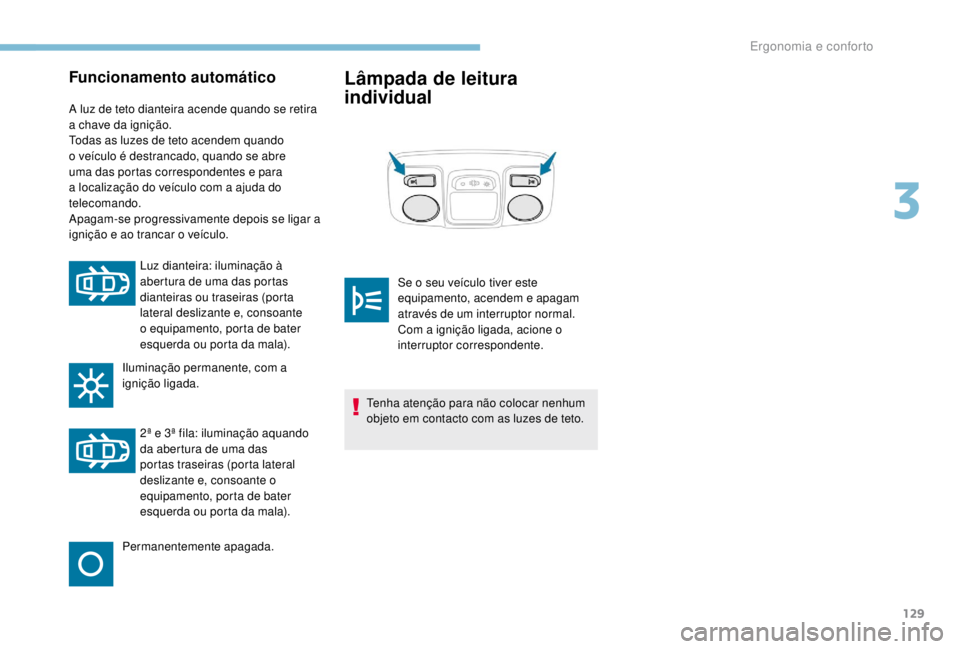 PEUGEOT EXPERT 2018 Manual de utilização (in Portuguese) 129
Funcionamento automático
A luz de teto dianteira acende quando se retira
a chave da ignição.
Todas as luzes de teto acendem quando
o veÃculo é destrancado, quando se abre
uma das portas co PEUGEOT EXPERT 2018 Manual de utilização (in Portuguese) 129
Funcionamento automático
A luz de teto dianteira acende quando se retira
a chave da ignição.
Todas as luzes de teto acendem quando
o veÃculo é destrancado, quando se abre
uma das portas co