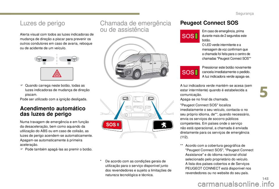 PEUGEOT EXPERT 2018 Manual de utilização (in Portuguese) 143
Luzes de perigo
Alerta visual com todos as luzes indicadoras de
mudança de direção a piscar para prevenir os
outros condutores em caso de avaria, reboque
ou de acidente de um veículo.
F
Q
PEUGEOT EXPERT 2018 Manual de utilização (in Portuguese) 143
Luzes de perigo
Alerta visual com todos as luzes indicadoras de
mudança de direção a piscar para prevenir os
outros condutores em caso de avaria, reboque
ou de acidente de um veículo.
F
Q