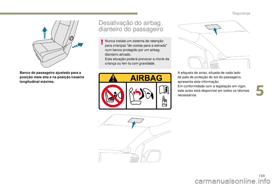 PEUGEOT EXPERT 2018 Manual de utilização (in Portuguese) 159
Banco do passageiro ajustado para a
posição mais alta e na posição traseira
longitudinal máxima.
Desativação do airbag
dianteiro do passageiro
Nunca instale um sistema de retenção
par PEUGEOT EXPERT 2018 Manual de utilização (in Portuguese) 159
Banco do passageiro ajustado para a
posição mais alta e na posição traseira
longitudinal máxima.
Desativação do airbag
dianteiro do passageiro
Nunca instale um sistema de retenção
par