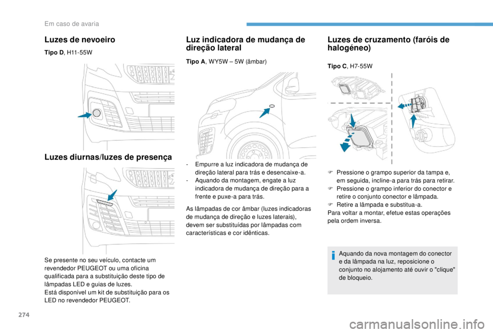 PEUGEOT EXPERT 2018 Manual de utilização (in Portuguese) 274
Luzes de nevoeiro
Tipo D, H11 - 5 5 W
Luzes diurnas/luzes de presença
Se presente no seu veículo, contacte um
revendedor PEUGEOT ou uma oficina
qualificada para a substituição deste tipo de PEUGEOT EXPERT 2018 Manual de utilização (in Portuguese) 274
Luzes de nevoeiro
Tipo D, H11 - 5 5 W
Luzes diurnas/luzes de presença
Se presente no seu veículo, contacte um
revendedor PEUGEOT ou uma oficina
qualificada para a substituição deste tipo de