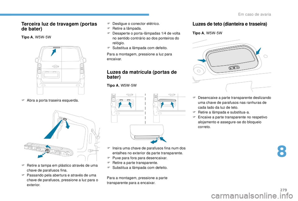 PEUGEOT EXPERT 2018  Manual de utilização (in Portuguese) 279
Terceira luz de travagem (portas 
de bater)
Tipo A, W5W-5W
F  
A
 bra a porta traseira esquerda. F
 
D
 esligue o conector elétrico.
F  
R
 etire a lâmpada.
F  D esaperte o porta-lâmpadas 1/4  