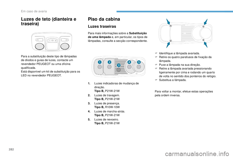 PEUGEOT EXPERT 2018  Manual de utilização (in Portuguese) 282
Para a substituição deste tipo de lâmpadas 
de díodos e guias de luzes, contacte um 
revendedor PEUGEOT ou uma oficina 
qualificada.
Está disponível um kit de substituição para os 
LED no 