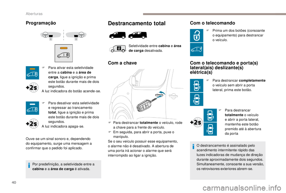 PEUGEOT EXPERT 2018 Manual de utilização (in Portuguese) 40
O destrancamento é assinalado pelo
acendimento intermitente rápido das
luzes indicadoras de mudança de direção
durante aproximadamente dois segundos.
Simultaneamente, consoante a sua versã PEUGEOT EXPERT 2018 Manual de utilização (in Portuguese) 40
O destrancamento é assinalado pelo
acendimento intermitente rápido das
luzes indicadoras de mudança de direção
durante aproximadamente dois segundos.
Simultaneamente, consoante a sua versã