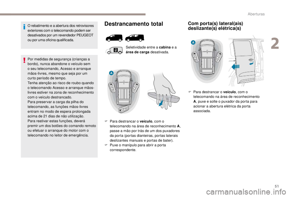 PEUGEOT EXPERT 2018 Manual de utilização (in Portuguese) 51
O rebatimento e a abertura dos retrovisores
exteriores com o telecomando podem ser
desativados por um revendedor PEUGEOT
ou por uma oficina qualificada.
Por medidas de segurança (crianças a
b PEUGEOT EXPERT 2018 Manual de utilização (in Portuguese) 51
O rebatimento e a abertura dos retrovisores
exteriores com o telecomando podem ser
desativados por um revendedor PEUGEOT
ou por uma oficina qualificada.
Por medidas de segurança (crianças a
b