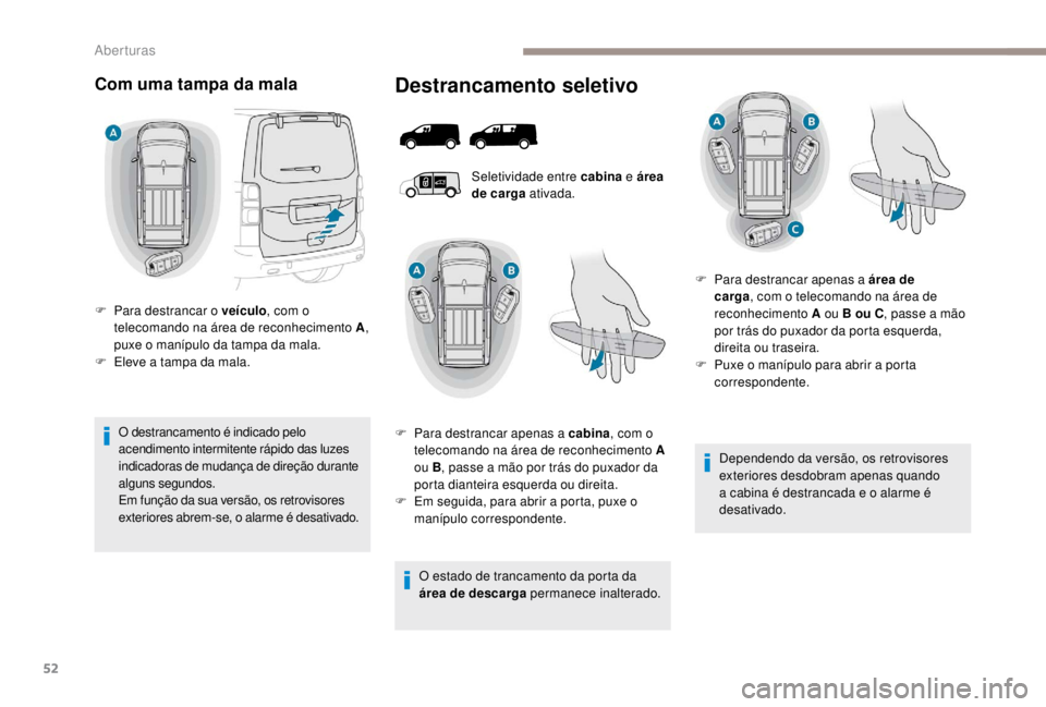 PEUGEOT EXPERT 2018 Manual de utilização (in Portuguese) 52
Com uma tampa da mala
O destrancamento é indicado pelo
acendimento intermitente rápido das luzes
indicadoras de mudança de direção durante
alguns segundos.
Em função da sua versão, os re PEUGEOT EXPERT 2018 Manual de utilização (in Portuguese) 52
Com uma tampa da mala
O destrancamento é indicado pelo
acendimento intermitente rápido das luzes
indicadoras de mudança de direção durante
alguns segundos.
Em função da sua versão, os re
