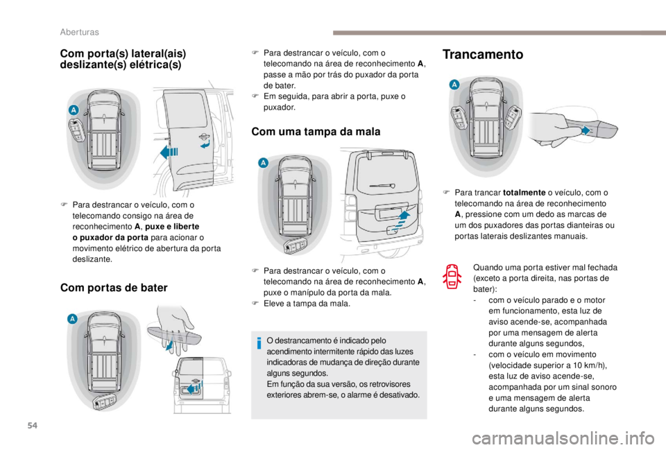PEUGEOT EXPERT 2018 Manual de utilização (in Portuguese) 54
Com porta(s) lateral(ais)
deslizante(s) elétrica(s)Com portas de bater Com uma tampa da mala
F Para destrancar o veículo, com o
telecomando consigo na área de
reconhecimento A , puxe e liber PEUGEOT EXPERT 2018 Manual de utilização (in Portuguese) 54
Com porta(s) lateral(ais)
deslizante(s) elétrica(s)Com portas de bater Com uma tampa da mala
F Para destrancar o veículo, com o
telecomando consigo na área de
reconhecimento A , puxe e liber