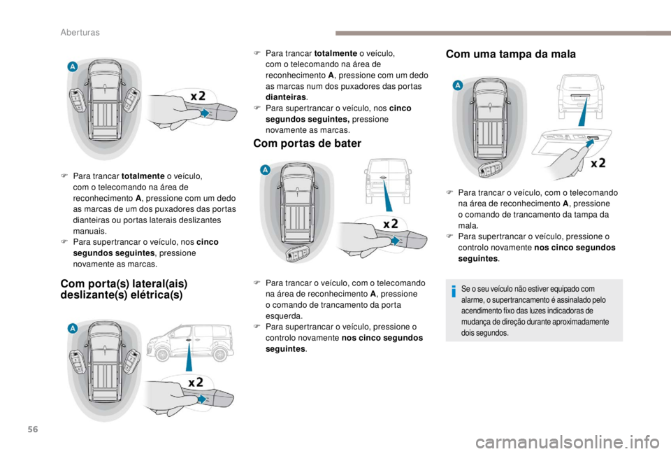 PEUGEOT EXPERT 2018 Manual de utilização (in Portuguese) 56
F Para trancar totalmente o veículo, com o telecomando na área de
reconhecimento A , pressione com um dedo
as marcas de um dos puxadores das portas
dianteiras ou portas laterais deslizantes
PEUGEOT EXPERT 2018 Manual de utilização (in Portuguese) 56
F Para trancar totalmente o veículo, com o telecomando na área de
reconhecimento A , pressione com um dedo
as marcas de um dos puxadores das portas
dianteiras ou portas laterais deslizantes
