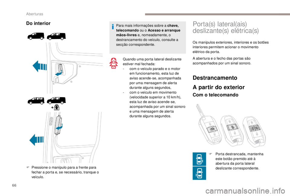 PEUGEOT EXPERT 2018 Manual de utilização (in Portuguese) 66
Do interior
F Pressione o manípulo para a frente para fechar a porta e, se necessário, tranque o
veículo. Para mais informações sobre a chave,
telecomando ou o Acesso e arranque
mãos-livre PEUGEOT EXPERT 2018 Manual de utilização (in Portuguese) 66
Do interior
F Pressione o manípulo para a frente para fechar a porta e, se necessário, tranque o
veículo. Para mais informações sobre a chave,
telecomando ou o Acesso e arranque
mãos-livre