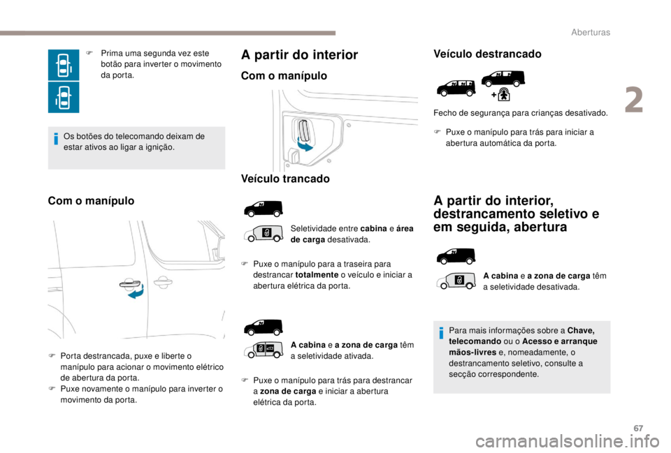 PEUGEOT EXPERT 2018 Manual de utilização (in Portuguese) 67
F Prima uma segunda vez este botão para inverter o movimento
da porta.
Os botões do telecomando deixam de
estar ativos ao ligar a ignição.
Com o manípulo
F Porta destrancada, puxe e liberte PEUGEOT EXPERT 2018 Manual de utilização (in Portuguese) 67
F Prima uma segunda vez este botão para inverter o movimento
da porta.
Os botões do telecomando deixam de
estar ativos ao ligar a ignição.
Com o manípulo
F Porta destrancada, puxe e liberte