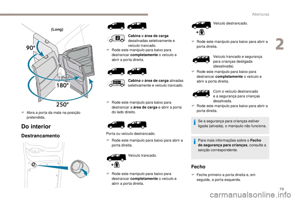 PEUGEOT EXPERT 2018 Manual de utilização (in Portuguese) 79
Do interior
Destrancamento
Cabina e área de carga
desativadas seletivamente e
veículo trancado.
F
R
ode este manípulo para baixo para
destrancar completamente o veículo e
abrir a porta PEUGEOT EXPERT 2018 Manual de utilização (in Portuguese) 79
Do interior
Destrancamento
Cabina e área de carga
desativadas seletivamente e
veículo trancado.
F
R
ode este manípulo para baixo para
destrancar completamente o veículo e
abrir a porta