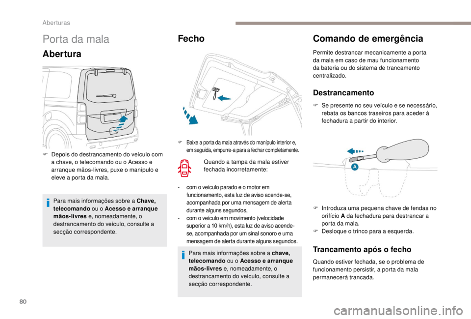 PEUGEOT EXPERT 2018 Manual de utilização (in Portuguese) 80
Porta da mala
Abertura
Para mais informações sobre a Chave,
telecomando ou o Acesso e arranque
mãos-livres e, nomeadamente, o
destrancamento do veículo, consulte a
secção correspondente.
PEUGEOT EXPERT 2018 Manual de utilização (in Portuguese) 80
Porta da mala
Abertura
Para mais informações sobre a Chave,
telecomando ou o Acesso e arranque
mãos-livres e, nomeadamente, o
destrancamento do veículo, consulte a
secção correspondente.