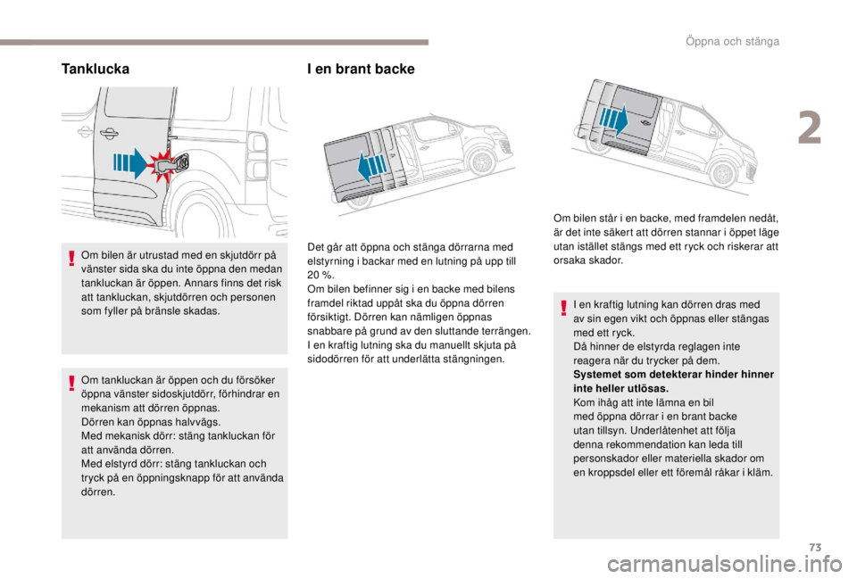 PEUGEOT EXPERT 2018 Bruksanvisningar (in Swedish) 73
Tanklucka
Om bilen är utrustad med en skjutdörr på
vänster sida ska du inte öppna den medan
tankluckan är öppen. Annars finns det risk
att tankluckan, skjutdörren och personen
som fylle PEUGEOT EXPERT 2018 Bruksanvisningar (in Swedish) 73
Tanklucka
Om bilen är utrustad med en skjutdörr på
vänster sida ska du inte öppna den medan
tankluckan är öppen. Annars finns det risk
att tankluckan, skjutdörren och personen
som fylle