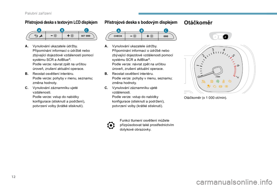 PEUGEOT EXPERT 2018  Návod na použití (in Czech) 12
Přístrojová deska s textovým LCD displejem
A.Vynulování ukazatele údržby.
Připomínání informací o
  údržbě nebo 
zbývající dojezdové vzdálenosti pomocí 
systému SCR a
  AdBlu