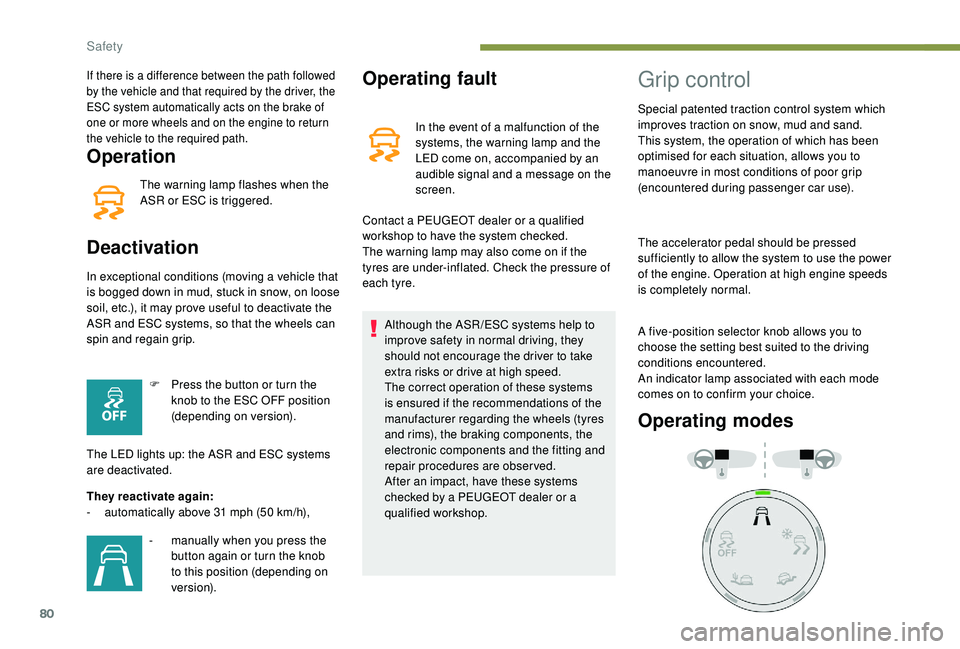 PEUGEOT PARTNER TEPEE ELECTRIC 2017  Owners Manual 80
Operation
The warning lamp flashes when the 
ASR or ESC is triggered.
Deactivation
In exceptional conditions (moving a vehicle that 
is bogged down in mud, stuck in snow, on loose 
soil, etc.), it 