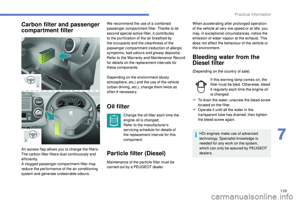 PEUGEOT PARTNER TEPEE ELECTRIC 2017 Owners Manual 139
Carbon filter and passenger
compartment filterOil filter
Change the oil filter each time the
engine oil is changed.
Refer to the manufacturer’s
ser vicing schedule for details of
the replace PEUGEOT PARTNER TEPEE ELECTRIC 2017 Owners Manual 139
Carbon filter and passenger
compartment filterOil filter
Change the oil filter each time the
engine oil is changed.
Refer to the manufacturer’s
ser vicing schedule for details of
the replace