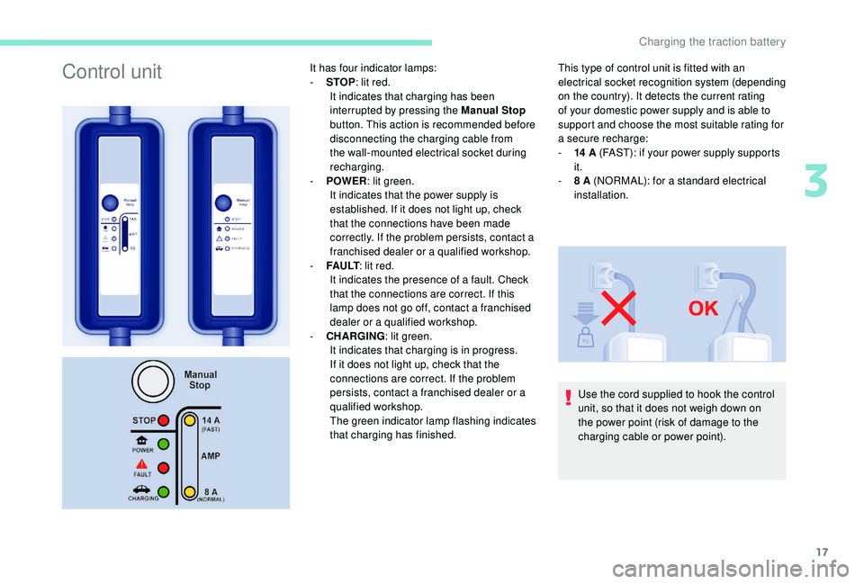 PEUGEOT PARTNER TEPEE ELECTRIC 2017 User Guide 17
Control unitIt has four indicator lamps:
- S TOP: lit red.
It indicates that charging has been
interrupted by pressing the Manual Stop
button. This action is recommended before
disconnecting th PEUGEOT PARTNER TEPEE ELECTRIC 2017 User Guide 17
Control unitIt has four indicator lamps:
- S TOP: lit red.
It indicates that charging has been
interrupted by pressing the Manual Stop
button. This action is recommended before
disconnecting th