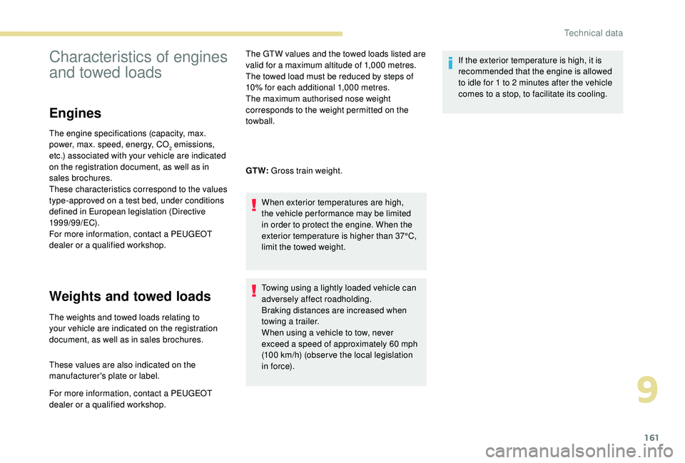 PEUGEOT PARTNER TEPEE ELECTRIC 2017 Owners Manual 161
Characteristics of engines
and towed loads
Engines
The engine specifications (capacity, max.
power, max. speed, energy, CO
2 emissions,
etc.) associated with your vehicle are indicated
on the PEUGEOT PARTNER TEPEE ELECTRIC 2017 Owners Manual 161
Characteristics of engines
and towed loads
Engines
The engine specifications (capacity, max.
power, max. speed, energy, CO
2 emissions,
etc.) associated with your vehicle are indicated
on the