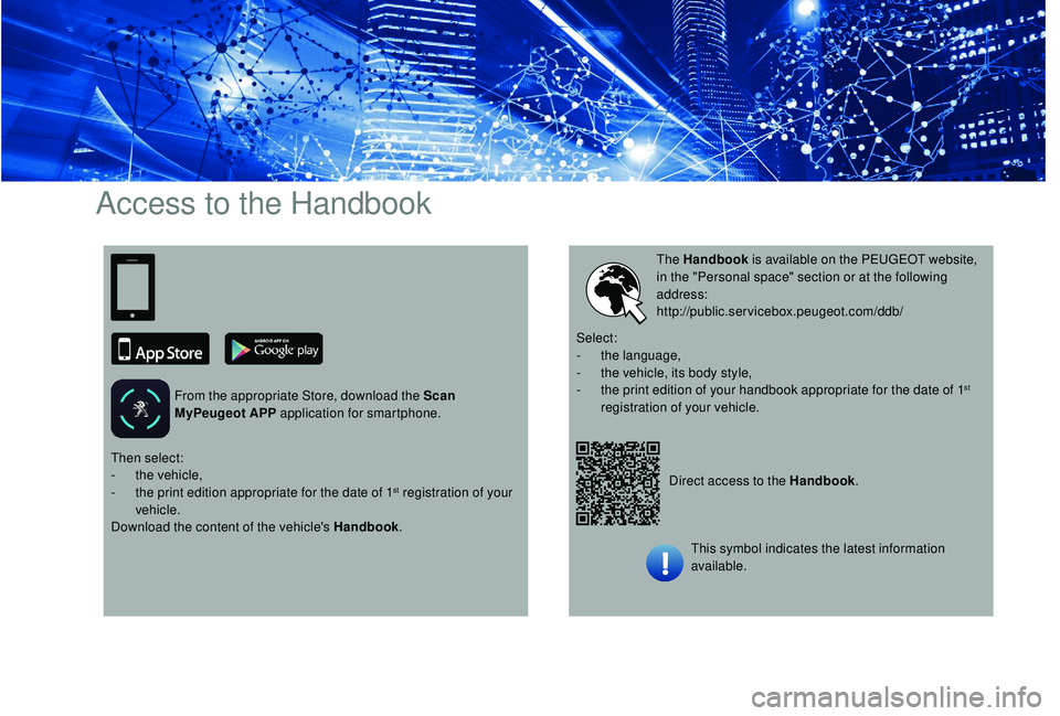 PEUGEOT PARTNER TEPEE ELECTRIC 2017 Owners Guide Access to the Handbook
From the appropriate Store, download the Scan
MyPeugeot APP application for smartphone.
Direct access to the Handbook.
The Handbook
is available on the PEUGEOT website,
in th PEUGEOT PARTNER TEPEE ELECTRIC 2017 Owners Guide Access to the Handbook
From the appropriate Store, download the Scan
MyPeugeot APP application for smartphone.
Direct access to the Handbook.
The Handbook
is available on the PEUGEOT website,
in th