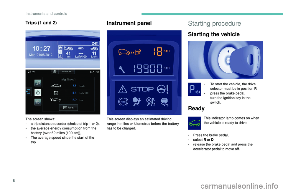 PEUGEOT PARTNER TEPEE ELECTRIC 2017  Owners Manual 8
Starting procedure
Starting the vehicle
- To start the vehicle, the drive selector must be in position P ,
-
 
p
 ress the brake pedal,
-
 
t
 urn the ignition key in the 
switch.
Ready
This indicat