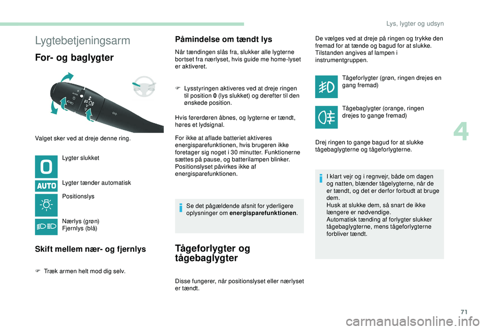 PEUGEOT PARTNER TEPEE ELECTRIC 2017 Brugsanvisning (in Danish) 71
Lygtebetjeningsarm
For- og baglygter
Lygter slukket
Lygter tænder automatisk
Positionslys
N æ r l y s (g røn)
Fjernlys (blå)
Skift mellem nær- og fjernlys
F Træk armen helt mod dig selv.
På PEUGEOT PARTNER TEPEE ELECTRIC 2017 Brugsanvisning (in Danish) 71
Lygtebetjeningsarm
For- og baglygter
Lygter slukket
Lygter tænder automatisk
Positionslys
N æ r l y s (g røn)
Fjernlys (blå)
Skift mellem nær- og fjernlys
F Træk armen helt mod dig selv.
På