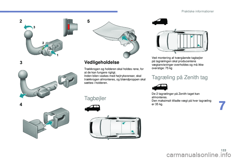 PEUGEOT PARTNER TEPEE ELECTRIC 2017  Brugsanvisning (in Danish) 133
Vedligeholdelse
Trækkrogen og holderen skal holdes rene, for 
at de kan fungere rigtigt.
Inden bilen vaskes med højtryksrenser, skal 
trækkrogen afmonteres, og blændproppen skal 
sættes i hol