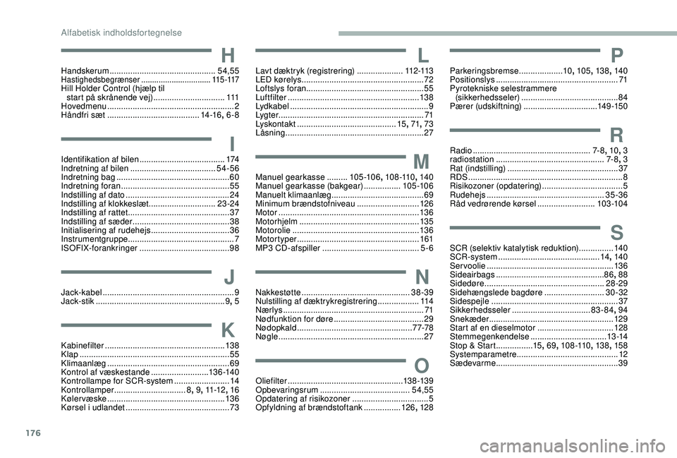 PEUGEOT PARTNER TEPEE ELECTRIC 2017  Brugsanvisning (in Danish) 176
HHandskerum ..............................................54,55Hastighedsbegrænser  ................................115 -117Hill Holder Control (hjælp til 
start på skrånende vej) ............