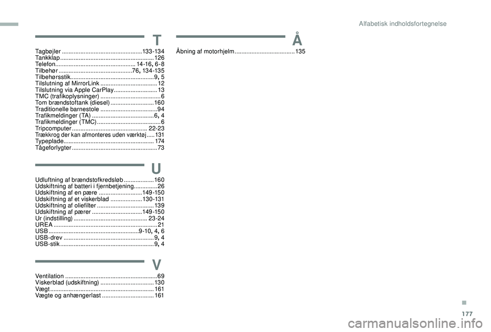 PEUGEOT PARTNER TEPEE ELECTRIC 2017  Brugsanvisning (in Danish) 177
TTagbøjler ................................................ 13 3 -13 4
Tankklap ................ ........................................ 126
Telefon
 

..........................................
