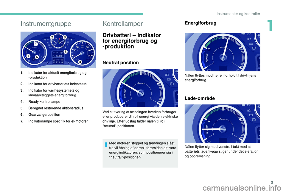 PEUGEOT PARTNER TEPEE ELECTRIC 2017  Brugsanvisning (in Danish) 3
Instrumentgruppe
1.Indikator for aktuelt energiforbrug og 
-produktion
2. Indikator for drivbatteriets ladestatus
3. Indikator for varmesystemets og 
klimaanlæggets energiforbrug
4. Ready kontrolla