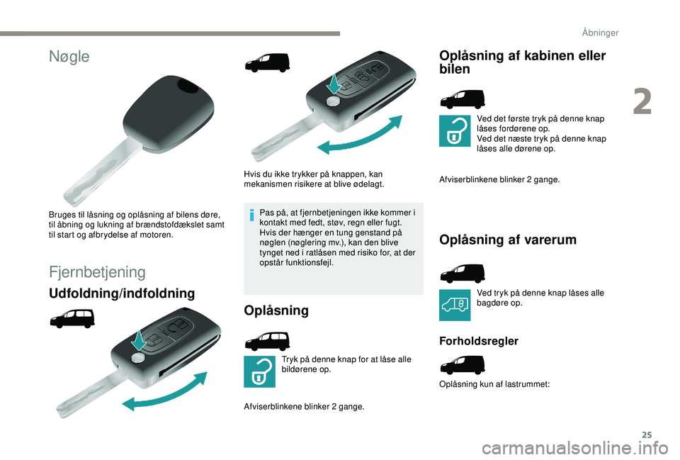 PEUGEOT PARTNER TEPEE ELECTRIC 2017  Brugsanvisning (in Danish) 25
Nøgle
Bruges til låsning og oplåsning af bilens døre, 
til åbning og lukning af brændstofdækslet samt 
til start og afbrydelse af motoren.
Fjernbetjening
Udfoldning/indfoldning 
Hvis du ikke