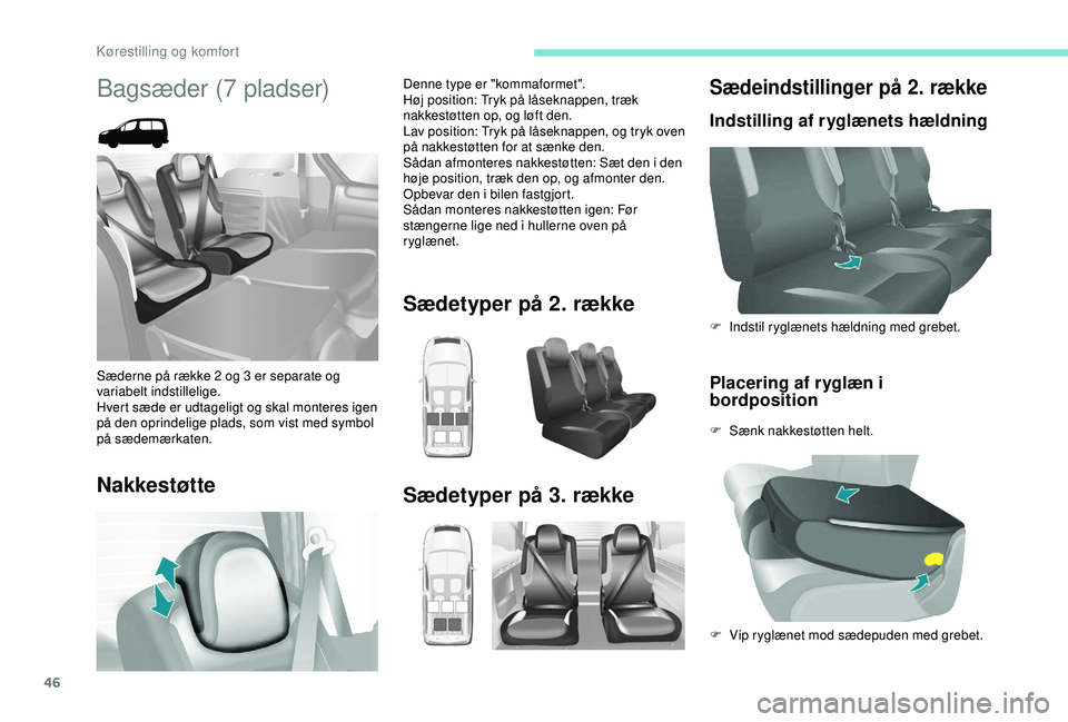 PEUGEOT PARTNER TEPEE ELECTRIC 2017 Brugsanvisning (in Danish) 46
Sædeindstillinger på 2. række
Indstilling af ryglænets hældningPlacering af ryglæn i
bordposition
F Sænk nakkestøtten helt. F
In
dstil ryglænets hældning med grebet.
F
V
ip ryglæn PEUGEOT PARTNER TEPEE ELECTRIC 2017 Brugsanvisning (in Danish) 46
Sædeindstillinger på 2. række
Indstilling af ryglænets hældningPlacering af ryglæn i
bordposition
F Sænk nakkestøtten helt. F
In
dstil ryglænets hældning med grebet.
F
V
ip ryglæn