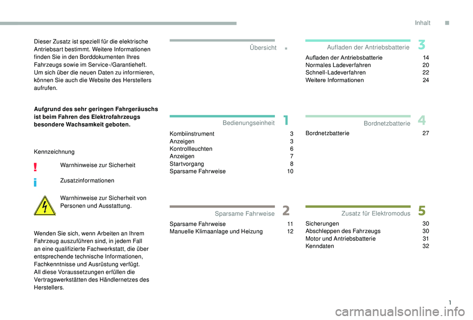 PEUGEOT PARTNER TEPEE ELECTRIC 2017  Betriebsanleitungen (in German) 1
.
Kombiinstrument 3
Anzeigen  3
Kontrollleuchten
 6
A

nzeigen
 
 7
Startvorgang
 

8
Sparsame Fahrweise
 1

0
Sparsame Fahrweise
 1

1
Manuelle Klimaanlage und Heizung
 1

2Aufladen der Antriebsbat