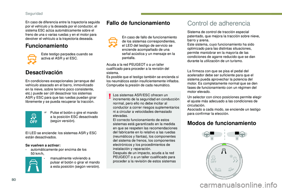 PEUGEOT PARTNER TEPEE ELECTRIC 2017  Manual del propietario (in Spanish) 80
Funcionamiento
Este testigo parpadea cuando se 
activa el ASR y el ESC.
Desactivación
En condiciones excepcionales (arranque del 
vehículo atascado en el barro, inmovilizado 
en la nieve, sobre t