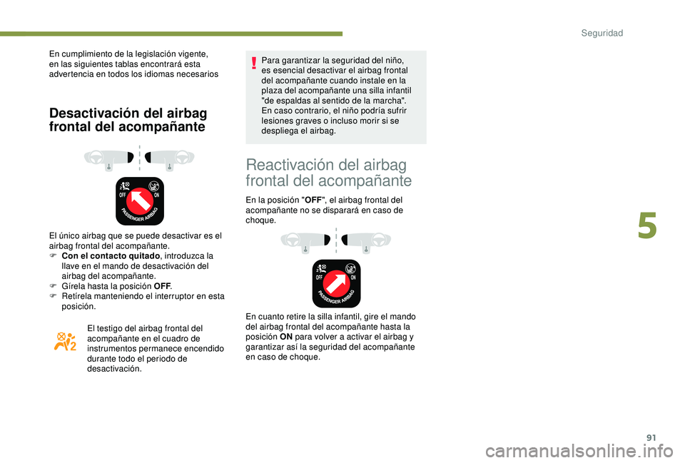 PEUGEOT PARTNER TEPEE ELECTRIC 2017  Manual del propietario (in Spanish) 91
En cumplimiento de la legislación vigente, 
en las siguientes tablas encontrará esta 
advertencia en todos los idiomas necesarios
Desactivación del airbag 
frontal del acompañante
El único air